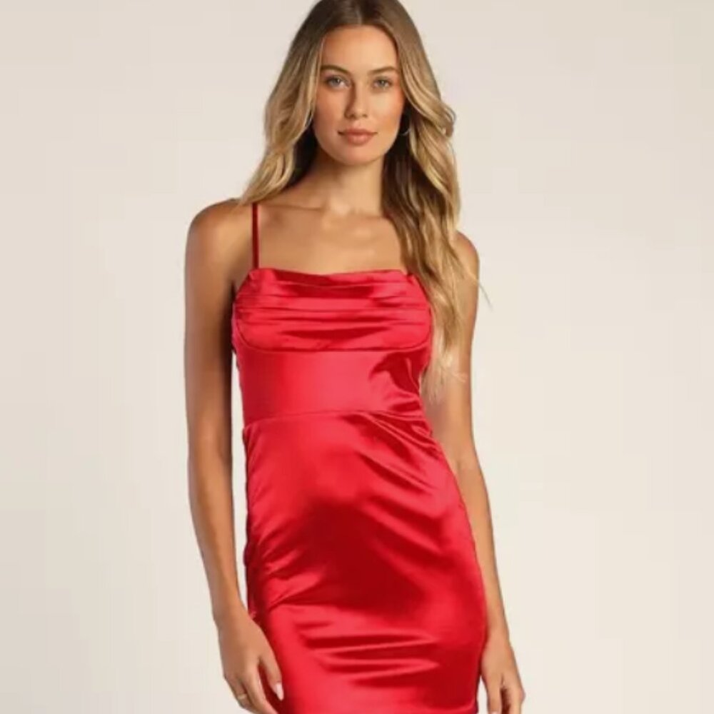 Lulus Definite Stunning Red Satin Pleated Mini Dress Size Medium